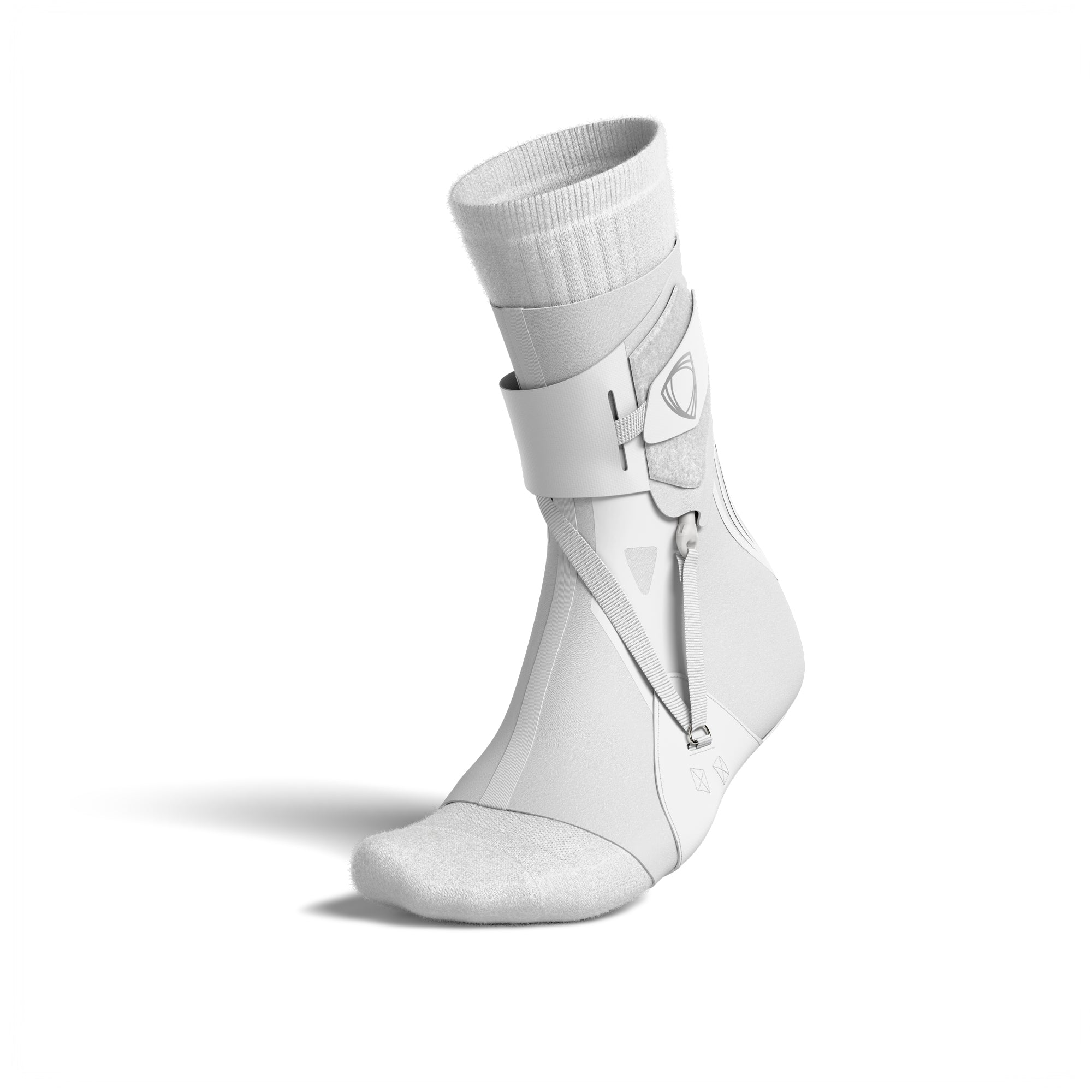 The BetterGuard 2.0 best ankle brace for all sports ankle support. White ankle brace. 3/4 view with sock. #color_white