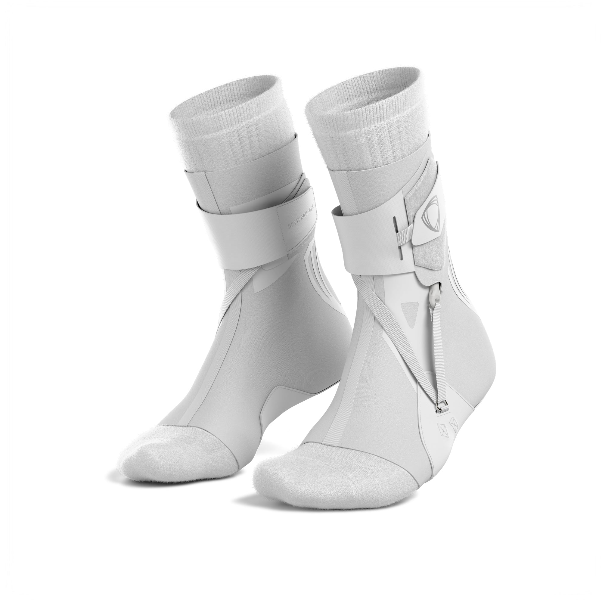 The BetterGuard 2.0 best ankle braces for all sports ankle support. White ankle braces. Pair 3/4 view with socks. #color_white