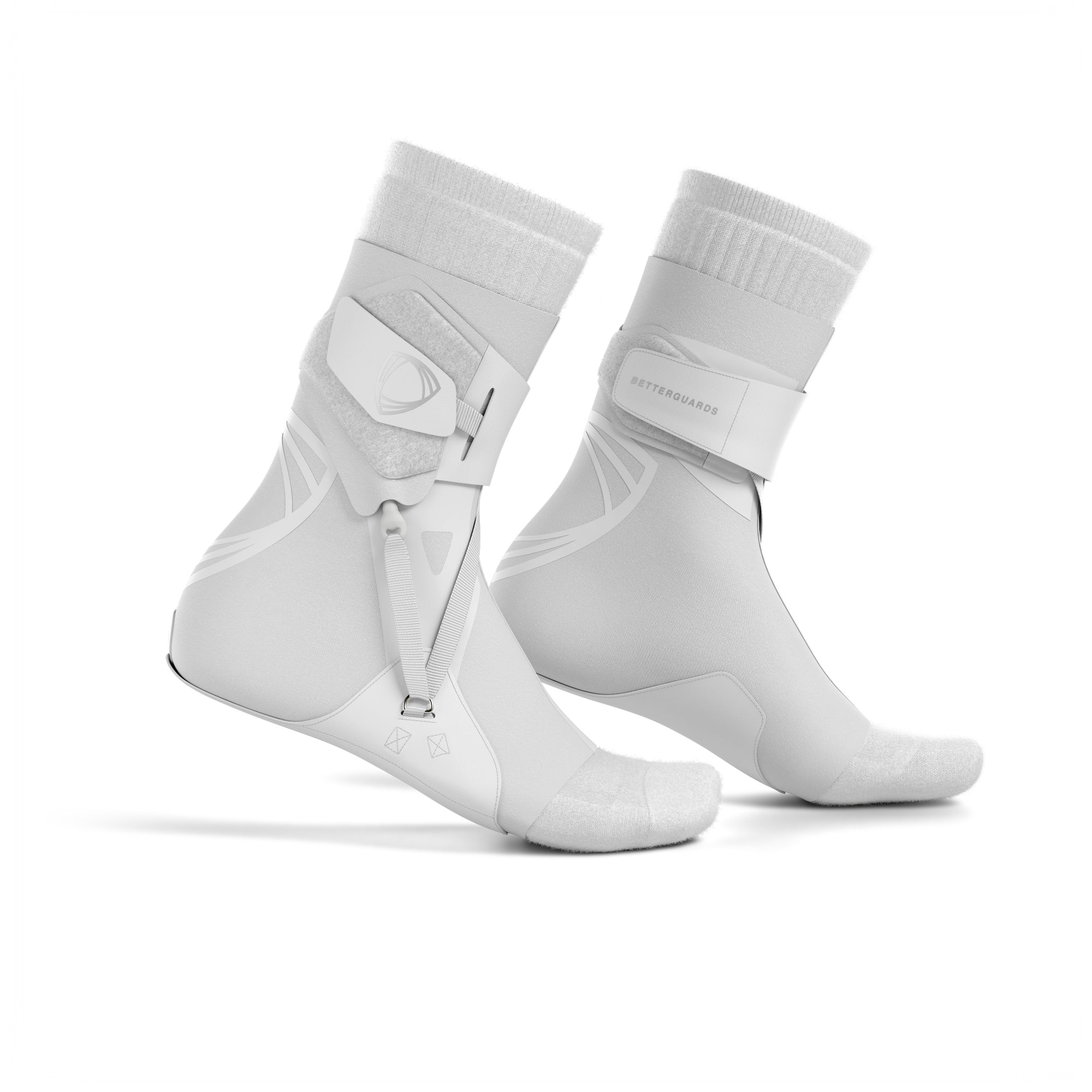 The BetterGuard 2.0 best ankle braces for all sports ankle support. White ankle braces. Side view with socks. #color_white