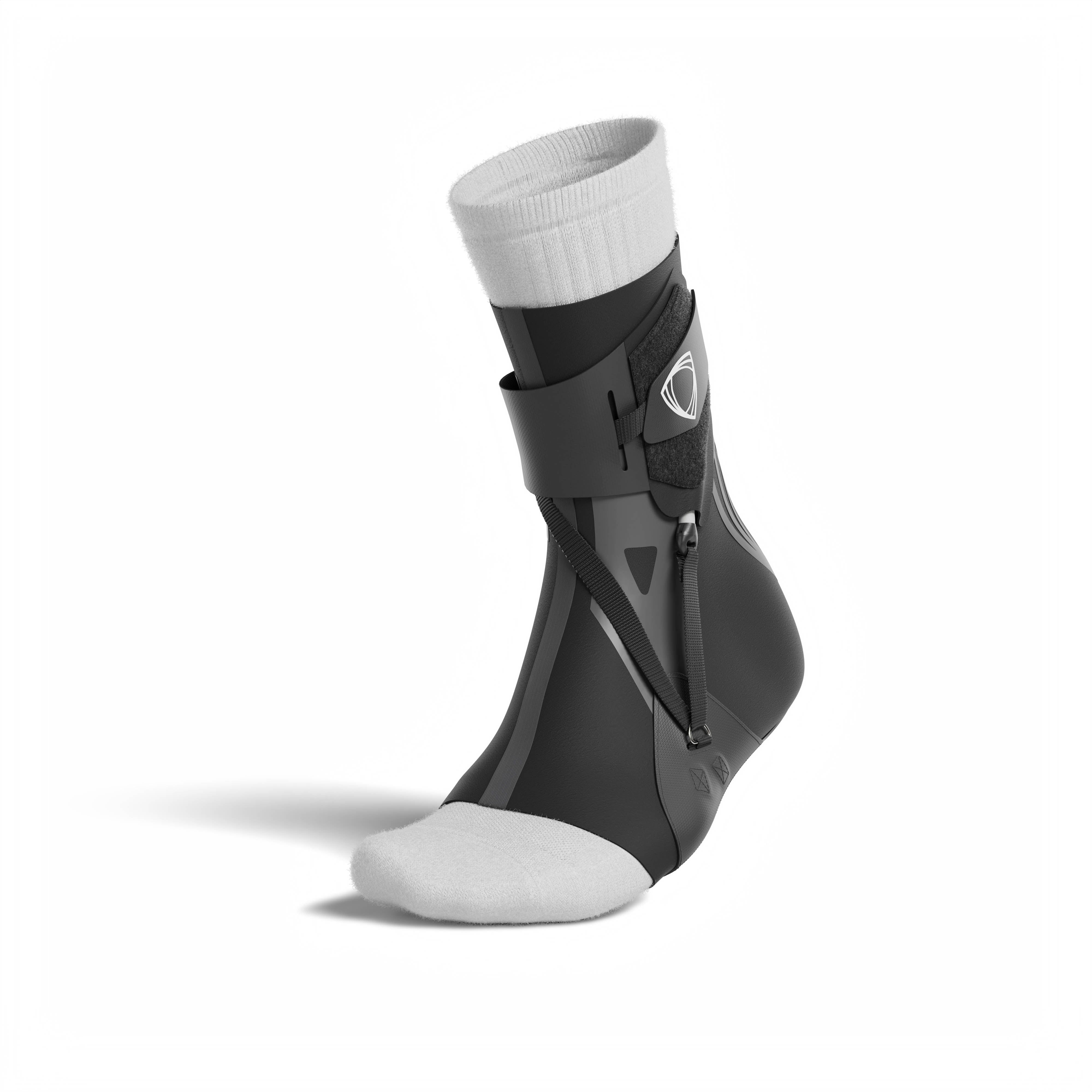 The BetterGuard 2.0 best ankle brace for all sports ankle support. Black ankle brace. 3/4 view with sock. #color_black