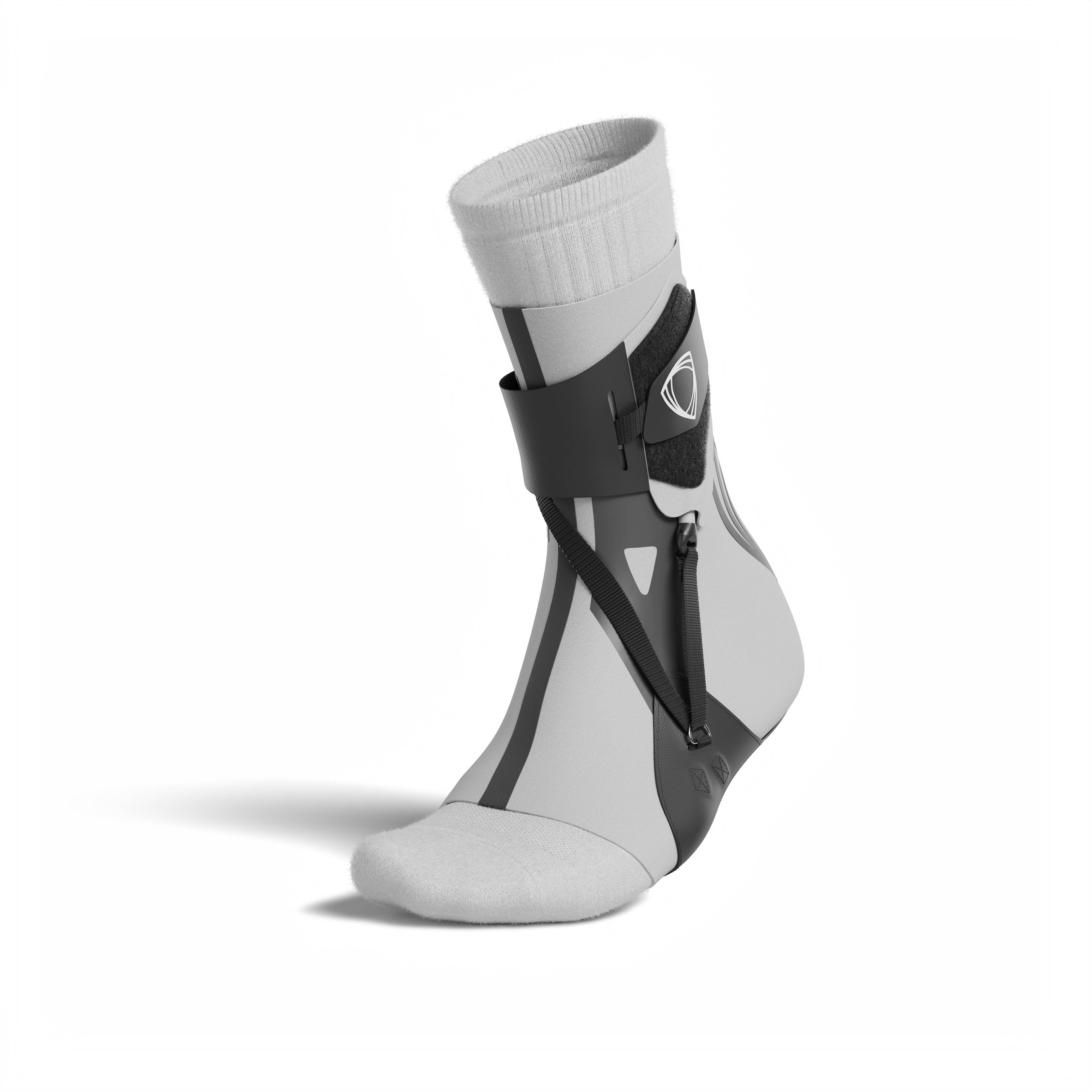 The BetterGuard 2.0 best ankle Gray ankle brace. 3/4 view with sock. #color_gray