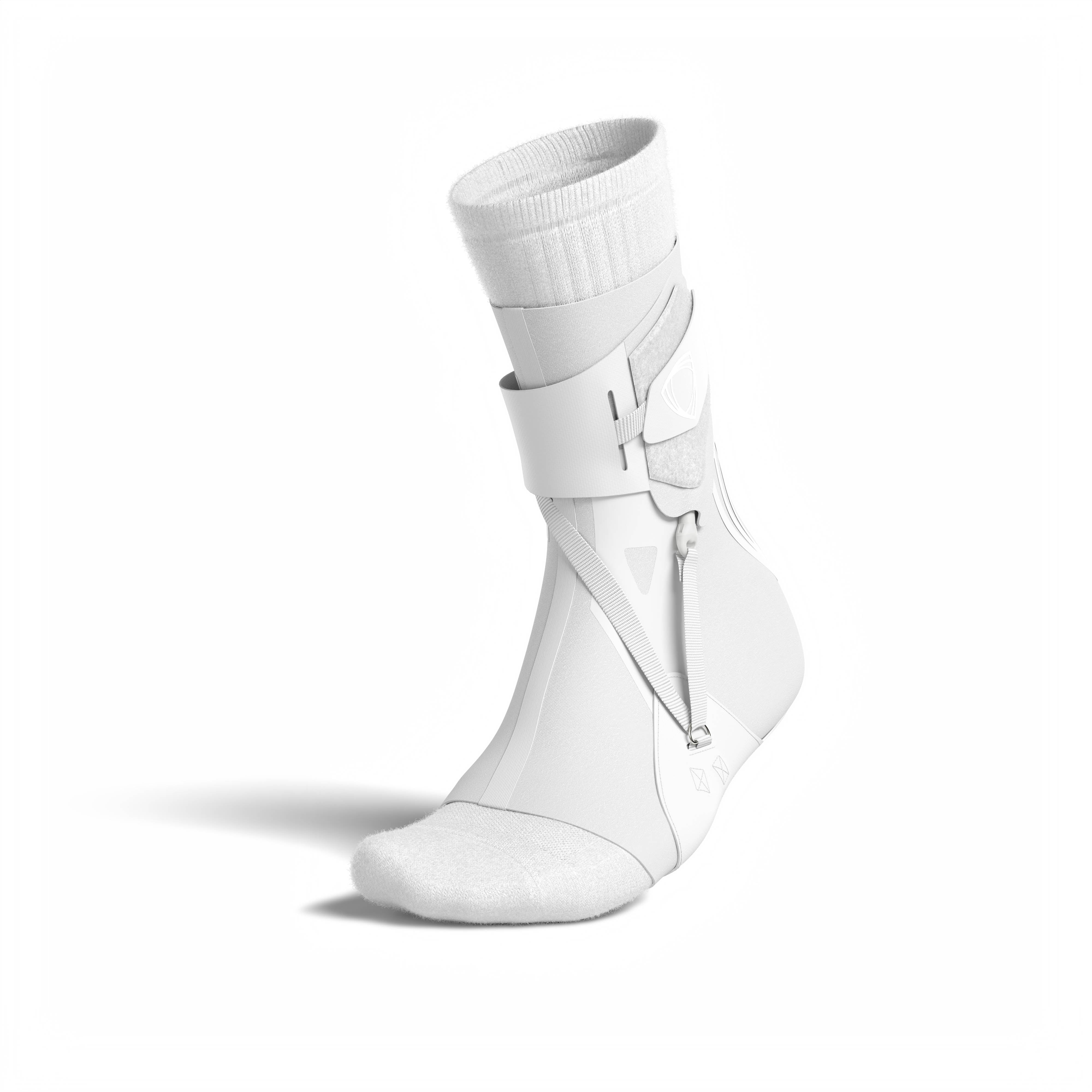 The BetterGuard 2.0 best ankle brace for all sports ankle support. White ankle brace. 3/4 view with sock. #color_white