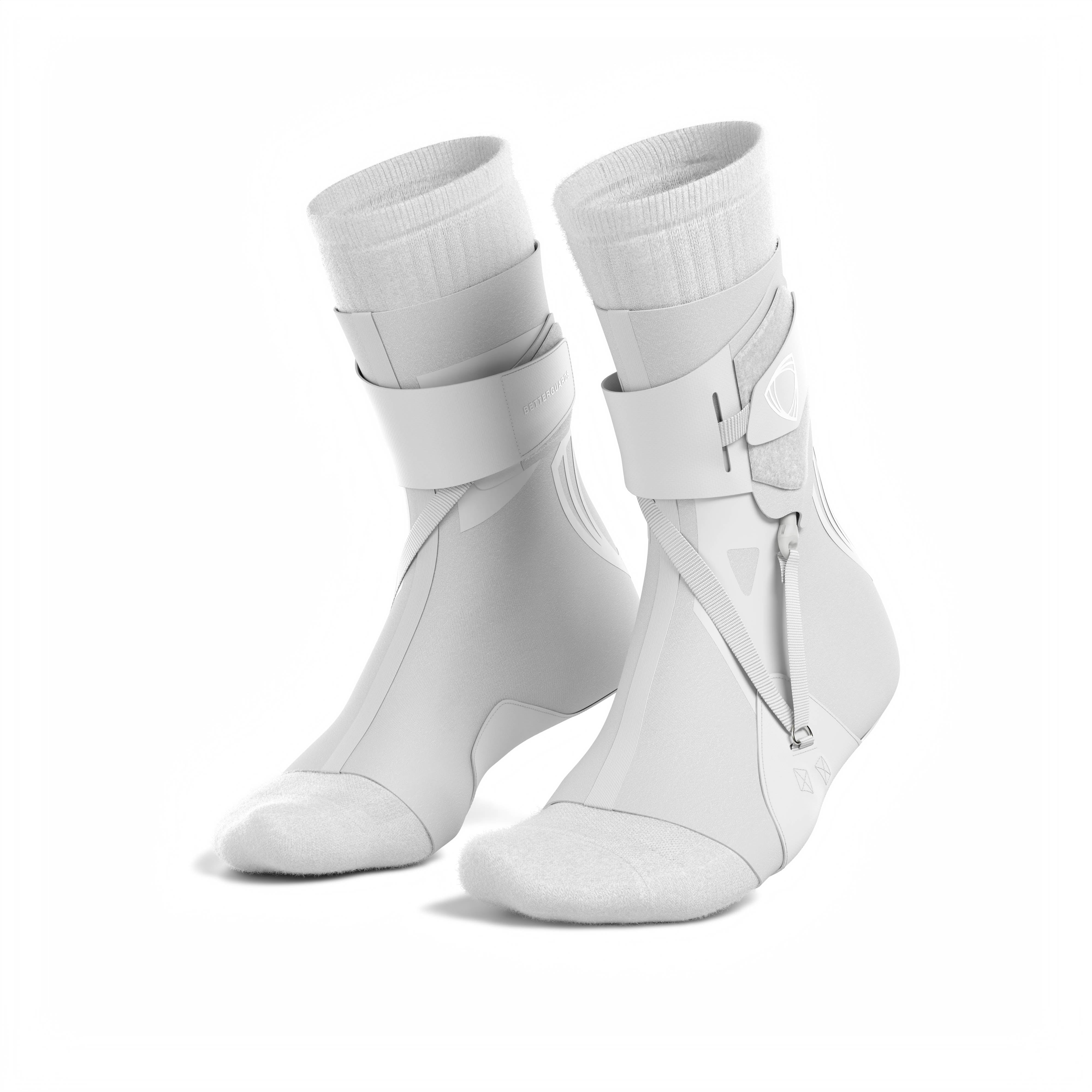 The BetterGuard 2.0 best ankle braces for all sports ankle support. White ankle braces. Pair 3/4 view with socks. #color_white