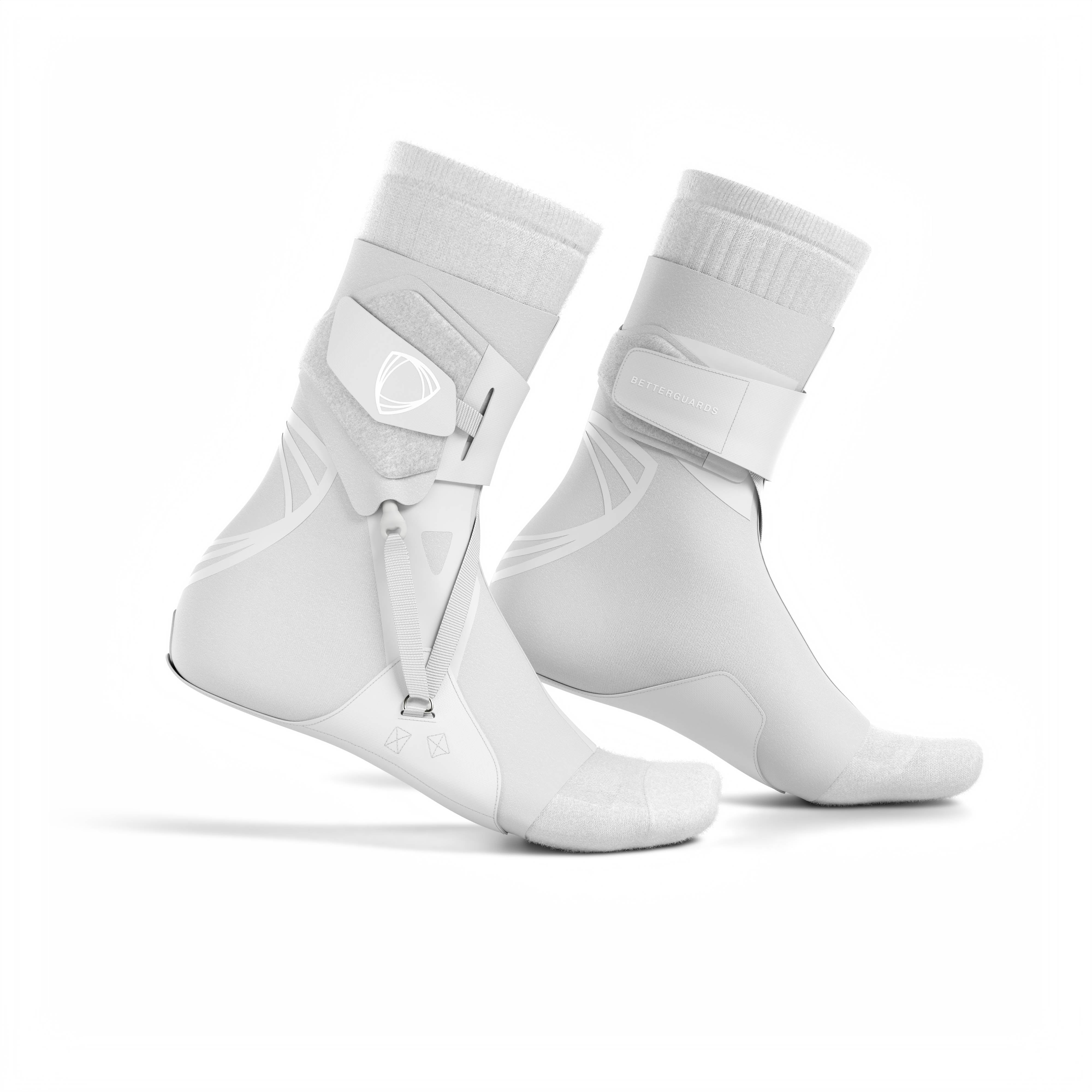 The BetterGuard 2.0 best ankle braces for all sports ankle support. White ankle braces. Side view with socks. #color_white